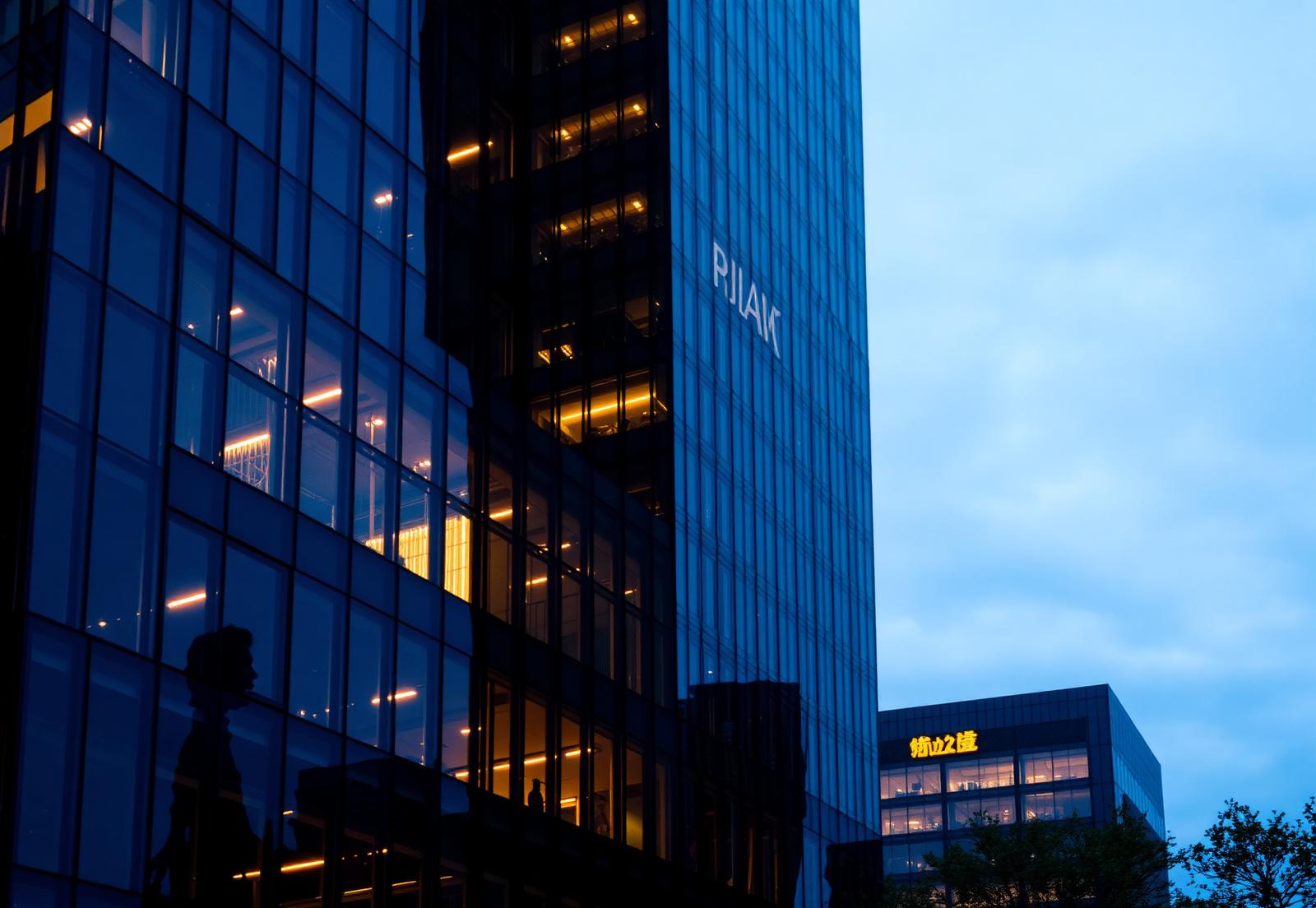 Corporate towers lit at blue hour