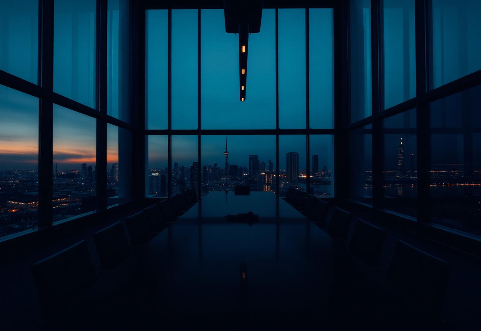 Boardroom overlooking a city skyline at dusk